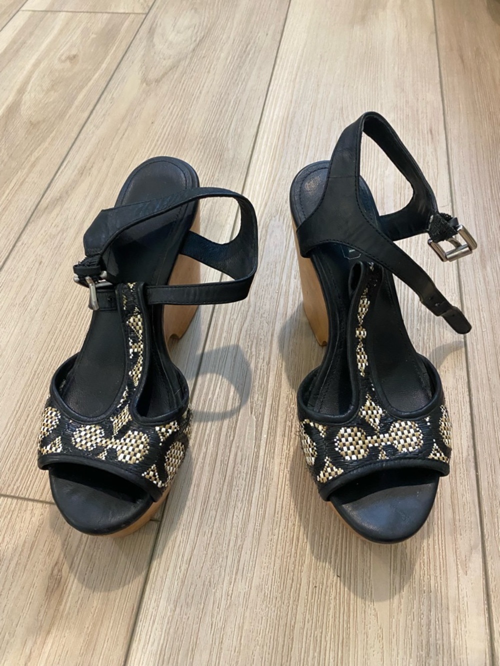 Coach Black Slingback Heels with Gold Woven Detail